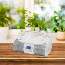 Load image into Gallery viewer, HANNLOMAX HX-318CD Portable CD/MP3/USB Boombox, FM PLL Radio, Bluetooth, 1 USB Port for MP3 Playback, 1 USB Port for 1A Charging, Aux-in Jack, Headphone Jack, AC/DC Dual Power Source. (White)