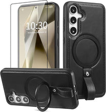 Load image into Gallery viewer, for Samsung Galaxy S25 Case with Stand, Anti-Slip Shockproof Loop, Compatible with MagSafe, Magnetic Protective Leather Case with Camera Lens and Screen Protector (Black, S25)