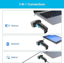 Load image into Gallery viewer, Sumicor Bluetooth Wireless Barcode Scanner with Stand, Handfrees Automatic Scanning & Manual Trigger Hand Barcode Scanner Gun, 1D 2D QR Code DM Scanner Work with Smart Phone, Tablet, PC