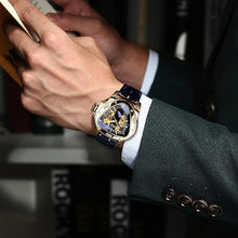 Load image into Gallery viewer, Winner Fashion Mechanical Wrist Watch Triangle Racing Dial, Waterproof Golden Skeleton Dial Automatic Movement Leather Design Mechanical Watch for Men