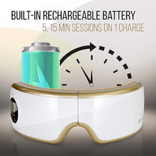 Load image into Gallery viewer, SereneLife Smart Eye Massager with Heat and Compression, Vibration, Music, Wireless Heated Mask for Migraines and Stress Therapy (Gold V2 Soft Fit)