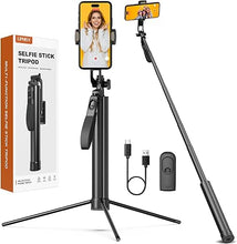 Load image into Gallery viewer, 72-inch Metal Tripod and Selfie Stick for Cell Phone and Camera, Portable Travel Tripod Stand, Rechargeable Remote, 360° Rotation, Compatible with iPhone & Android and Camera, Black