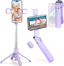 Load image into Gallery viewer, Mini iPhone Tripod Stand,MQOUNY 38" Phone Tripod &Selfie Stick with Wireless Rechargeable Remote & Removable Light, Extendable Tripod Stand 360 Rotation Compatible with iPhone&Android Samsung (Purple)