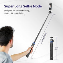 Load image into Gallery viewer, Selfie Stick Tripod for Gopro Camera, 62" Extendable Tripod Stand with 360° Ball Head 1/4" Screw, Portable Lightweight Camera Tripod for GoPro Max Hero 11 10 9 8 7 6 5 DJI OSMO Action Camera
