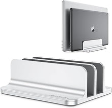Load image into Gallery viewer, OMOTON [Updated Dock Version Vertical Laptop Stand, Double Desktop Stand Holder with Adjustable Dock (Up to 17.3 inch), Fits All MacBook/Surface/Samsung/HP/Dell/Chrome Book (Silver)