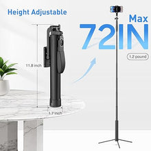 Load image into Gallery viewer, 72-inch Metal Tripod and Selfie Stick for Cell Phone and Camera, Portable Travel Tripod Stand, Rechargeable Remote, 360° Rotation, Compatible with iPhone & Android and Camera, Black