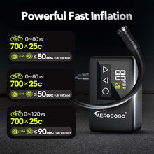 Load image into Gallery viewer, 120 PSI Rechargeable Mini Bike Pump, 3.8oz Electric Inflator for Road, Mountain, and E-Bikes with LCD Display, Presta & Schrader Valves, Preset Pressure & Auto Shut Off
