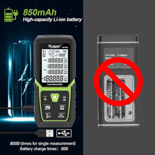 Load image into Gallery viewer, Huepar Laser Distance Meter 393Ft with Li-ion Battery & Electric Angle Sensor, Backlit LCD Laser Measure M/in/Ft with High Accuracy Multi-Measurement Modes, Pythagorean, Distance, Area&Volume