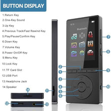 Load image into Gallery viewer, 64GB MP3 Player with Bluetooth 5.3, Music Player with HiFi Sound for Sports Runners, 2.4" Screen MP3 Player Built in HD Speaker Voice Recorder FM Radio E-Book, Expanded Up to 128GB, Earphone Included, Black_3757