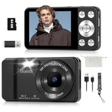 Load image into Gallery viewer, 64MP 4K Digital Camera, Hoestr 18X Zoom Autofocus Point and Shoot Compact Camera with 64GB TF Card, Flash, 2.8" LCD Screen for Teens Adult Beginner Travel Photography VloggingBlack_1