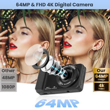 Load image into Gallery viewer, 64MP 4K Digital Camera, Hoestr 18X Zoom Autofocus Point and Shoot Compact Camera with 64GB TF Card, Flash, 2.8" LCD Screen for Teens Adult Beginner Travel Photography VloggingBlack_319