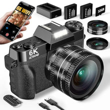 Load image into Gallery viewer, 6K Digital Camera for Photography, 64MP Vlogging Camera for YouTube with 3" 180 Flip Screen, 16X Zoom Autofocus Compact Travel Beauty Cameras for Teens, with 32GB Micro SD Card, Black_1