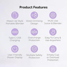 Load image into Gallery viewer, Personal Portable Blender For Shakes & Smoothies, Leakproof & Stylish Portable Mason Jar Shaker, Rechargeable Mini Blender with 10-Blade Blending System 14oz, Purple