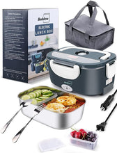 Load image into Gallery viewer, Buddew Electric Lunch Box 80W Food Heater for Adults, 12/24/110V Portable Lunch Warmer Upgraded Heated Lunch Box for Car/Truck/Office with SS Fork&Spoon and Insulated Carry Bag (White)
