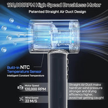 Load image into Gallery viewer, CIICII Negative Ionic Hair Dryer Professional, 120000RPM High Speed Blow Dryer (1600W Brushless/ 3-Speed/ 4-Temp & HD Display & Portable Bag) Fast Drying Hairdryer for Home, Travel & Salon (Black)