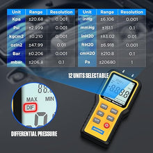 Load image into Gallery viewer, AUTOOL Digital Manometer, Dual-Port Manometer Gas Pressure Tester, Handheld HVAC Manometer, 12 Selectable Units Differential Pressure Gauge, Large LCD Display with Backlight
