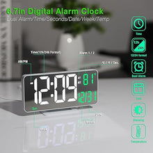 Load image into Gallery viewer, KOSUMOSU Alarm Clock for Bedroom, 6.7" Led Desk Digital Clock,Mirror Clock,Dual Alarm Clock for Living Room with Seconds,Date,Week,12/24h,Dimming,Temp