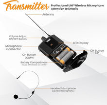 Load image into Gallery viewer, Pyle UHF Wireless Microphone System Kit - Portable Professional Cordless Microphone Set with Headset, Lavalier, Beltpack Transmitter, Receiver - Karaoke & Conference