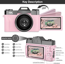 Load image into Gallery viewer, VETEK Digital Cameras for Photography, 4K 48MP Vlogging Camera 16X Digital Zoom Manual Focus Students Compact Camera with 52mm Wide-Angle Lens & Macro Lens, 32G Micro Card and 2 Batteries (Pink)