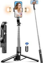 Load image into Gallery viewer, 45" Selfie Stick Tripod with 2 Lights, Extendable 5 in 1 Selfie Stick Phone Tripod, Portable Selfie Sticks with Wireless Remote Compatible with iPhone 15/14/13 Pro Max, Samsung, Android, Gopro