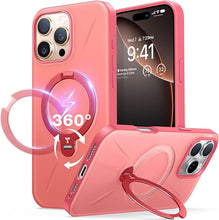 Load image into Gallery viewer, TORRAS Upgraded 360°Spin Magnetic Stand for iPhone 16 Pro Case, Fit for MagSafe, Built-in Kickstand & Ring Holder, Mil-Grade Protective Soft Edge Slim Case for iPhone 16 Pro, Coral Pink, 6.3''