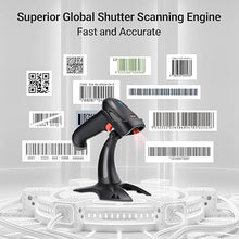 Load image into Gallery viewer, Tera Barcode Scanner Wireless 1D 2D QR with Stand: Battery Level Indicator 3 in 1 Works with Bluetooth 2.4G Wireless USB Wired Handheld Bar Code Reader with Vibration Alert HW0002 Grey