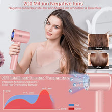 Load image into Gallery viewer, CIICII Negative Ionic Hair Dryer Professional, 120000RPM High Speed Blow Dryer (1600W Brushless/ 3-Speed/ 4-Temp & HD Display & Portable Bag) Fast Drying Hairdryer for Home, Travel & Salon (Pink)
