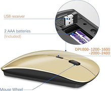 Load image into Gallery viewer, Wireless Keyboard and Mouse Ultra Slim Combo, TopMate 2.4G Silent Compact USB 2400DPI Mouse and Scissor Switch Keyboard Set with Cover, 2 AA and 2 AAA Batteries, for PC/Laptop/Windows/Mac - Gold Black