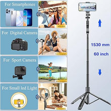 Load image into Gallery viewer, Selfie Stick for iPhone 60" Selfie Stick Tripod with Remote/Travel Tripod for iPhone/Selfie Stick with Phone Stand, Portable&Lightweight Aluminum Cell Phone Stand Small Tripod for Camera,Light,Webcam