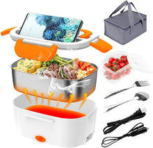 Load image into Gallery viewer, Electric Lunch Box, Food Warmer Heater 12V 24V 110V, 80W Faster Heated Lunch Box for Car/Truck/Home Portable Heating Boxes with 1.5L 304 SS Container Fork & Spoon, White+Orange