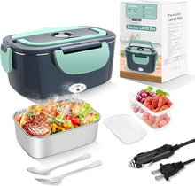 Load image into Gallery viewer, Electric Heated Lunch Boxes Adults: 80W Electric Lunch Box Food Heated 12/24/110V 1.5L Heatable Lunch Box for Car/Truck/Office Leak-Proof Stainless Steel Container, Fork & Spoon, Bag (Grey+Green)