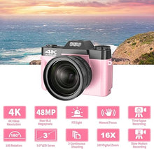 Load image into Gallery viewer, VETEK Digital Cameras for Photography, 4K 48MP Vlogging Camera 16X Digital Zoom Manual Focus Students Compact Camera with 52mm Wide-Angle Lens & Macro Lens, 32G Micro Card and 2 Batteries (Pink)