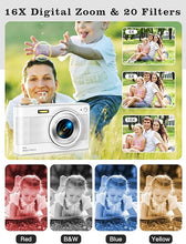 Load image into Gallery viewer, Upgrade Digital Camera, 56MP FHD 1080P Camera for Kids with 16x Zoom Anti Shake, Kid Camera with 32GB TF Card, Two Batteries, Lanyard, Compact Small Camera for Kids Boys Girls?White?
