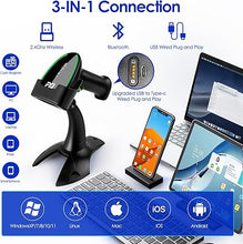 Load image into Gallery viewer, FYJ Bluetooth Wireless 1D 2D Barcode Scanner QR Bar Code Scanners with LED Display Screen and Stand 3-in-1 Handheld USB Barcode Reader for Library,Store,Supermarket,Warehouse