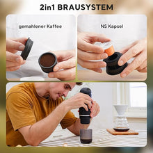 Load image into Gallery viewer, Rich Crema Portable Electric Espresso Coffee Maker, Travel Car Hiking, Fast self-heating 2 IN 1 Extraction System Espresso Machine, Support Ground Coffee and NS capsule, ME2218 (Black)