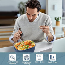 Load image into Gallery viewer, Electric Lunch Box, 12V/24V/110V Portable Food Warmer with SS Fork & Spoon for Car/Truck/Office, 80W Self Heating Lunch Box with 1.5L 304 Stainless Steel Container & 0.45L PP Fruit Box Blue