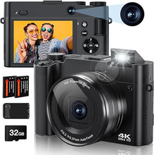 Load image into Gallery viewer, 4K Digital Camera, 64MP Rear and Front Camera for Photography and Video Autofocus Anti-Shake, 3'' Selfie Flip Vlogging Camera with Ultra Bright Flash, Camera with Dial 16X Zoom (2 Batteries+Charger)