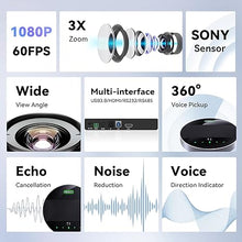 Load image into Gallery viewer, Tenveo All-in-One Conference System 3X Optical Zoom PTZ Camera with Bluetooth Speakerphone Upgraded System Audio and Video Output USB3.0/HDMI/RS485/RS232 Works with Zoom Skype Teams for Room Meeting