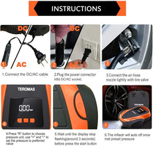 Load image into Gallery viewer, TEROMAS Tire Inflator Portable Air Compressor, Air Pump DC/AC for Car Tires 12V DC and Other Inflatables at Home 110V AC, Digital Electric Tire Pump with Pressure Gauge(Orange)