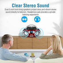 Load image into Gallery viewer, MEGATEK Portable CD Player Boombox with FM Radio, Bluetooth, and USB Port | Clear Stereo Sound | CD-R/RW and MP3 CDs Compatible | 3.5mm Aux Input and Headphone Jack | Backlit LCD Display - Cherry Red