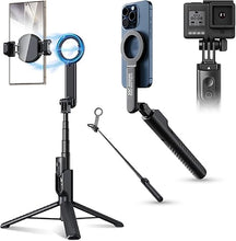 Load image into Gallery viewer, 40.9" Magnetic Selfie Stick Tripod for Phone, Extendable Phone Tripod Stand with Detachable Wireless Remote & Phone Clip Compatible with MagSafe for iPhone 16 15 14 13 Pro Max Plus Gopro & All Phones