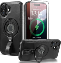 Load image into Gallery viewer, Capture Grip Strap Magnetic Stand for iPhone 16 Plus Case with Screen Protector, Protective iPhone 16 Plus Case Leather, Compatible with MagSafe, Built-in Kickstand,for Men Women, Black