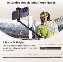 Load image into Gallery viewer, ATUMTEK 55" Selfie Stick Tripod, All-in-one Extendable Aluminum Phone Tripod with Rechargeable Bluetooth Remote, Travel Tripod 360° Rotatable for iPhone 15 Pro Max/15/14/13 Samsung Smartphones, Black