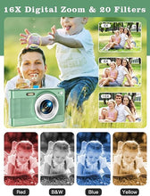 Load image into Gallery viewer, Upgrade Digital Camera, 56MP FHD 1080P Camera for Kids with 16x Zoom Anti Shake, Kid Camera with 32GB TF Card, Two Batteries, Lanyard, Compact Small Camera for Kids Boys Girls?Green?