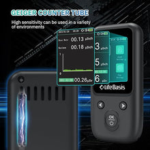 Load image into Gallery viewer, LifeBasis Geiger Counter Nuclear Radiation Detector, Radiation Dosimeter with TFT Display and Smart Alert Rechargeable Beta Gamma X-ray Radiation Monitor - with Lanyard and Bracket, Gloss Black