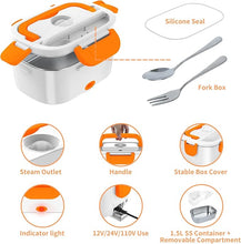 Load image into Gallery viewer, Electric Lunch Box, Food Warmer Heater 12V 24V 110V, 80W Faster Heated Lunch Box for Car/Truck/Home Portable Heating Boxes with 1.5L 304 SS Container Fork & Spoon, White+Orange