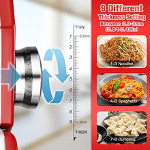 Load image into Gallery viewer, Sailnovo Pasta Maker Machine, 180 Aluminum Alloy Pasta Roller with 9 Adjustable Thickness Settings and 2 Cutter, Noodle Maker for Spaghetti, Fettuccini, Lasagna Red