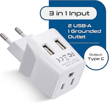Load image into Gallery viewer, Ceptics Europe Travel Adapter Plug Set Schuko - with 2 USB + USA Socket Input - Type E/F and Type C - Ultra Compact - Safe Grounded Perfect for Cell Phones, Laptops, Camera Chargers (CTU-9-9C-PK)