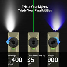 Load image into Gallery viewer, OLIGHT Arkfeld Ultra 1400 Lumens EDC Flat Flashlight, Rechargeable Compact Pocket Light Combines White Light, UV Light, and Green Beam, Triple Light Sources Perfect for Checking, Working (Olive Green)
