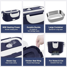 Load image into Gallery viewer, Electric Heated Lunch Boxes Adults: 80W Electric Lunch Box Food Heated 12/24/110V 1.5L Heatable Lunch Box for Car/Truck/Office Leak-Proof Stainless Steel Container, Fork & Spoon, Bag (Blue+White)